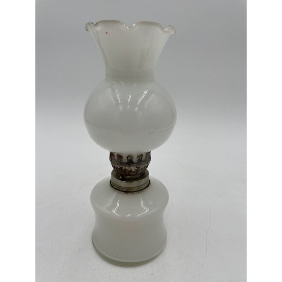 Miniature White Milk Glass Oil Lamp Hand-Painted Floral Design & Decorative Trim - Picture 3 of 7